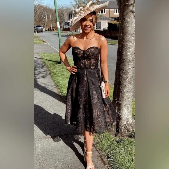 NWOT Nadine Merabi black/nude Olivia dress corseted embroidered lace - Picture 11 of 13